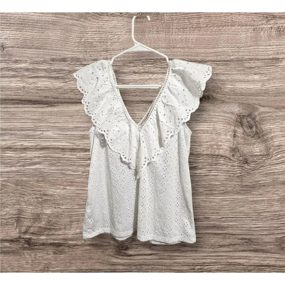 LOFT Eyelet V-Neck White Blouse Ruffle Tank Top Flutter Sleeve Size Small - Picture 2 of 5